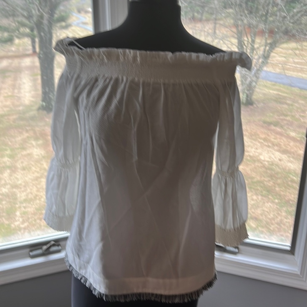 Trina Turk Coastal Boho Chic White off the Shoulder Top Fringe Bottom